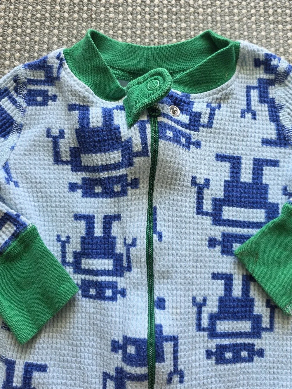Hanna Andersson Light Blue Robot Print Footie with Green Trim